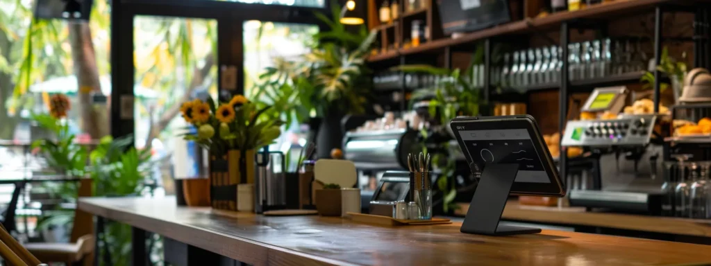 a modern tablet pos system sitting on a sleek counter in a bustling small restaurant.