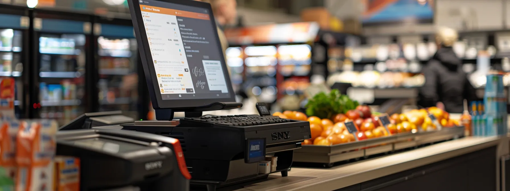 a sleek digital display seamlessly integrated with a modern pos system, showcasing personalized promotions and real-time inventory updates at a checkout counter.