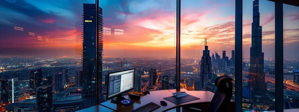 a sleek, modern office workspace in saudi arabia featuring an illuminated computer screen displaying odoo erp software, with vibrant city skyline views through large windows, showcasing a blend of technology and innovation.