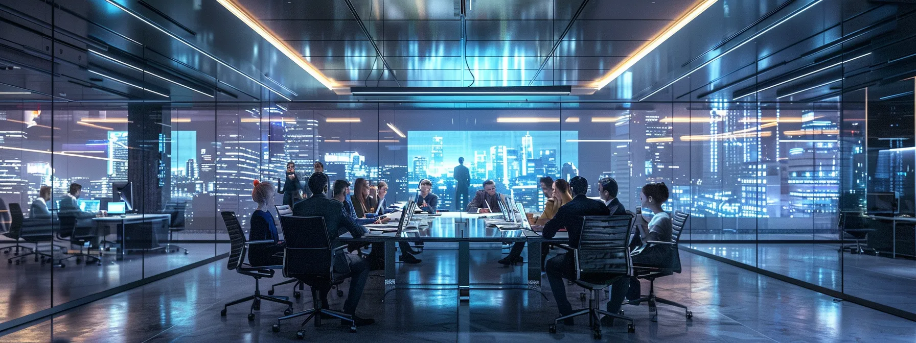 a sleek, high-tech office space features a futuristic glass conference table surrounded by individuals engaged in a dynamic brainstorming session, with vibrant digital displays illuminating their collaborative ideas.