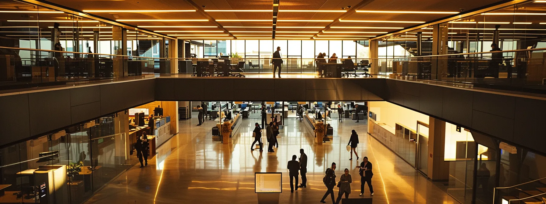 a sleek, modern office bustling with professionals engaged in dynamic discussions, illuminated by sophisticated overhead lighting that enhances the vibrant, collaborative atmosphere.