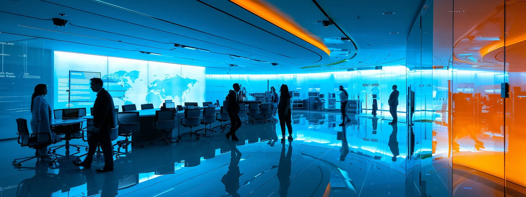 a sleek, modern office environment showcases a vibrant team collaboration session, where diverse professionals enthusiastically gather around a high-tech conference table, illuminated by dynamic overhead lighting that enhances the innovative atmosphere.