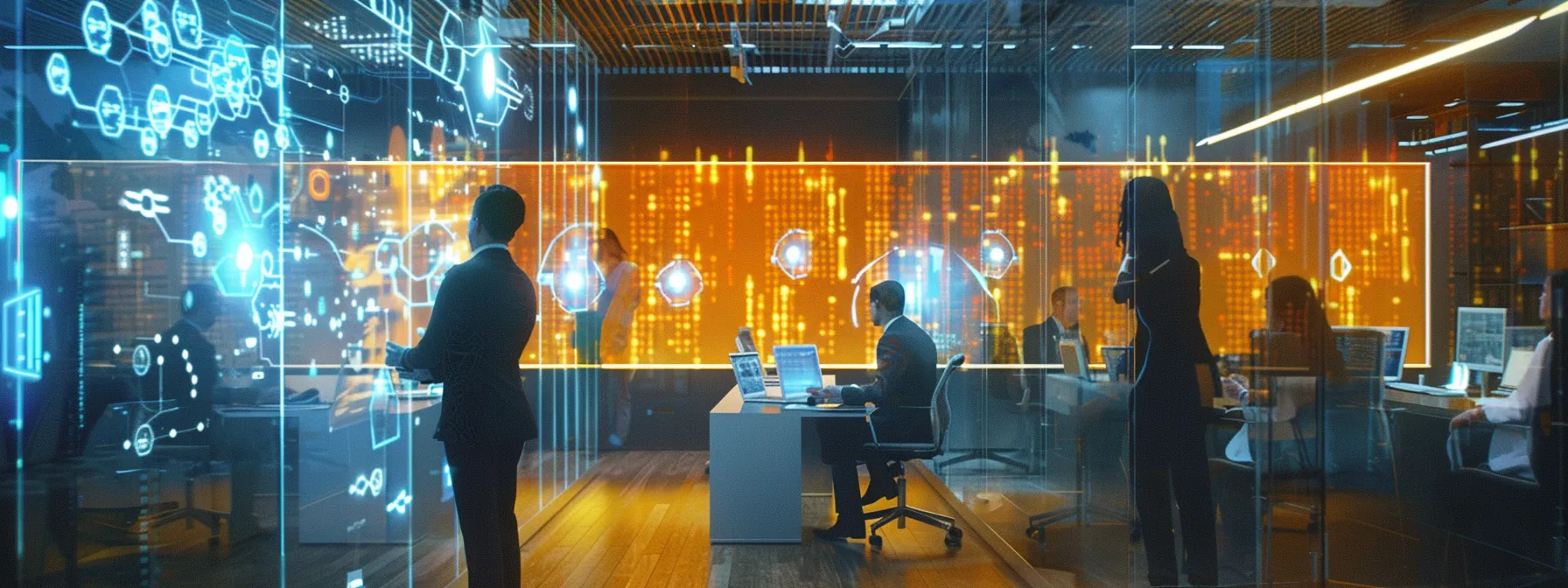 a sleek, modern office filled with vibrant, holographic technology showcases a team of professionals engaging in a dynamic brainstorming session around a futuristic digital display.