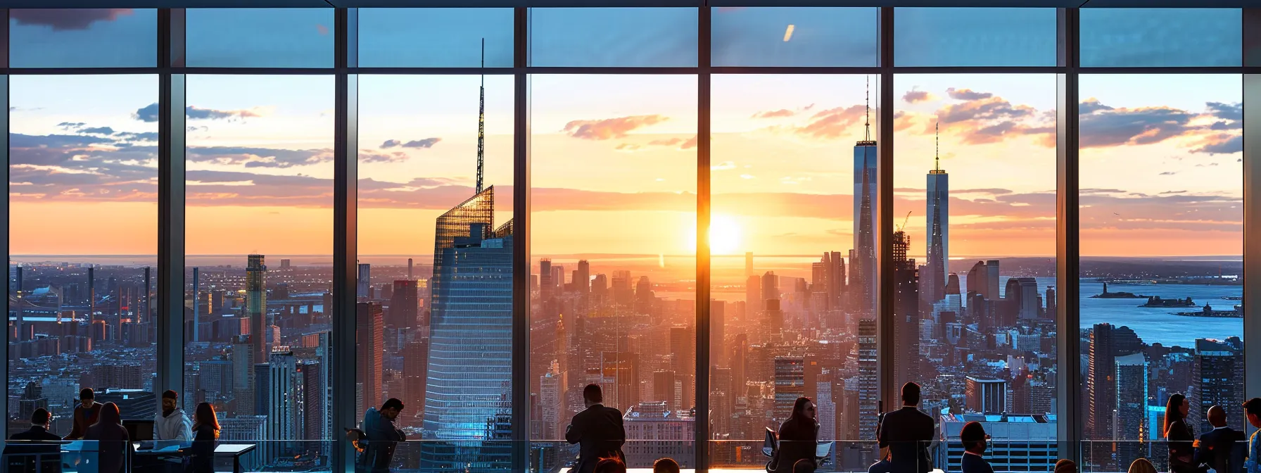 a sleek, modern office space is vibrant with bustling professionals engaged in dynamic discussions while surrounded by large windows showcasing a panoramic city skyline.