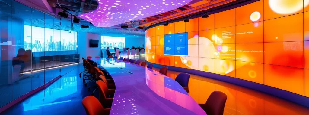 a sleek, modern office space filled with vibrant, innovative technology, showcasing a collaborative team engaged in a dynamic brainstorming session around a glossy conference table under soft, ambient lighting.