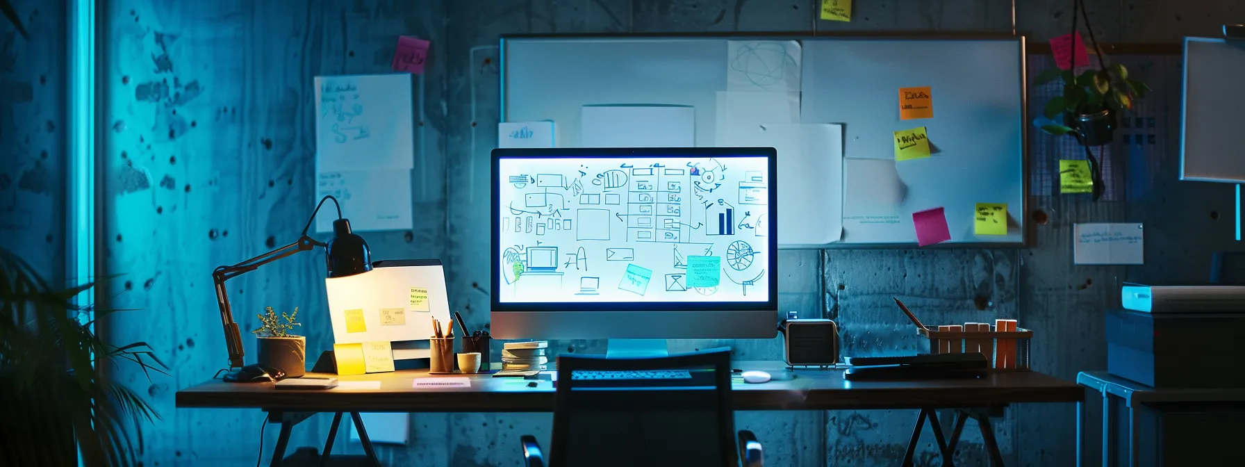 a sleek, modern office space features a minimalist desk with a glowing computer screen, casting an ambient light that highlights a dynamic brainstorming session on a large, smart whiteboard filled with vibrant post-it notes and innovative sketches.