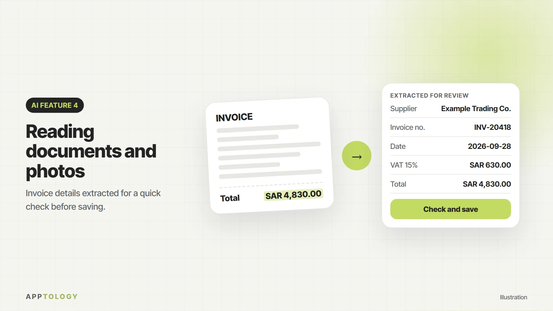 Illustration of an invoice with supplier, invoice number, date, VAT and total extracted into fields for review