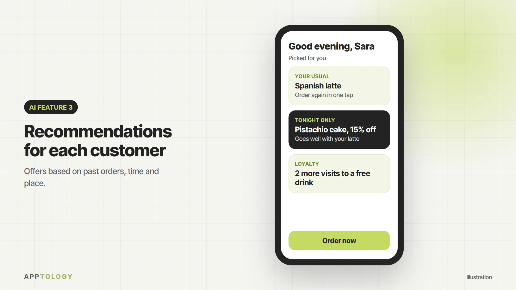 Illustration of a café app suggesting a customer’s usual drink, an evening dessert offer and loyalty progress