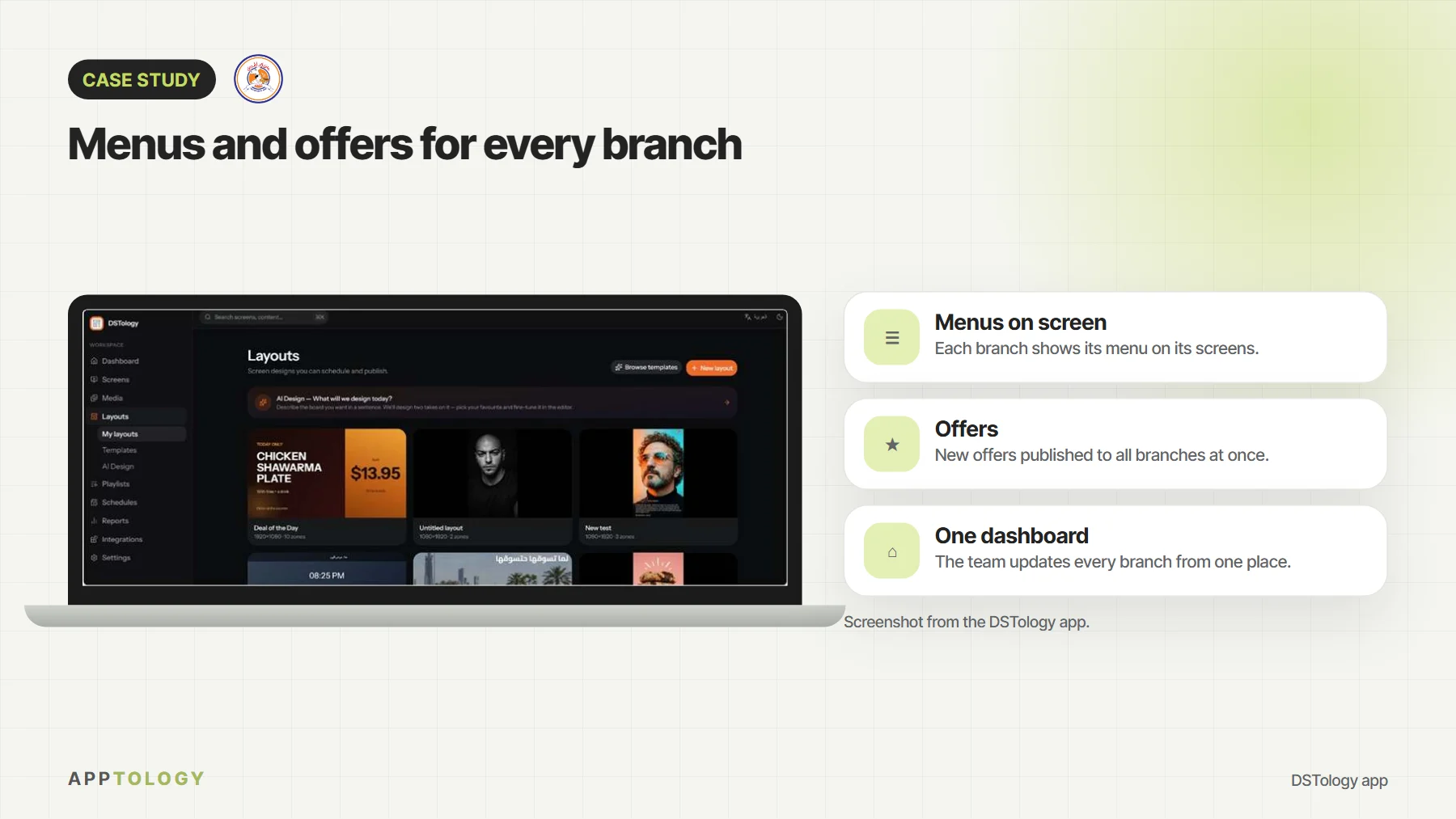 The DSTology app on a laptop showing menu and offer layouts, managed for every branch from one dashboard