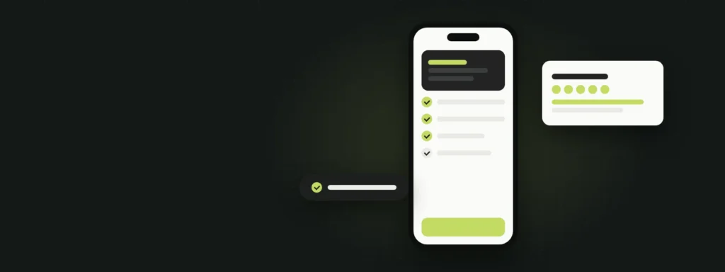 Illustration of a mobile app with a checklist for choosing an app development company