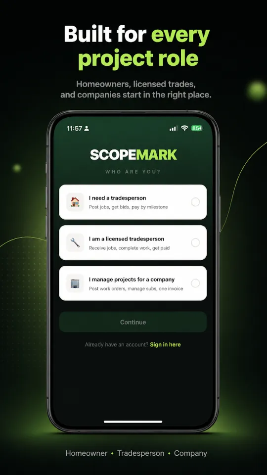 Écran de l’application ScopeMark pour choisir son rôle